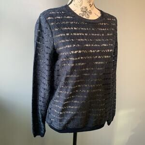 Ann Taylor Navy Blue long sleeve lace striped blouse with zipper on the back